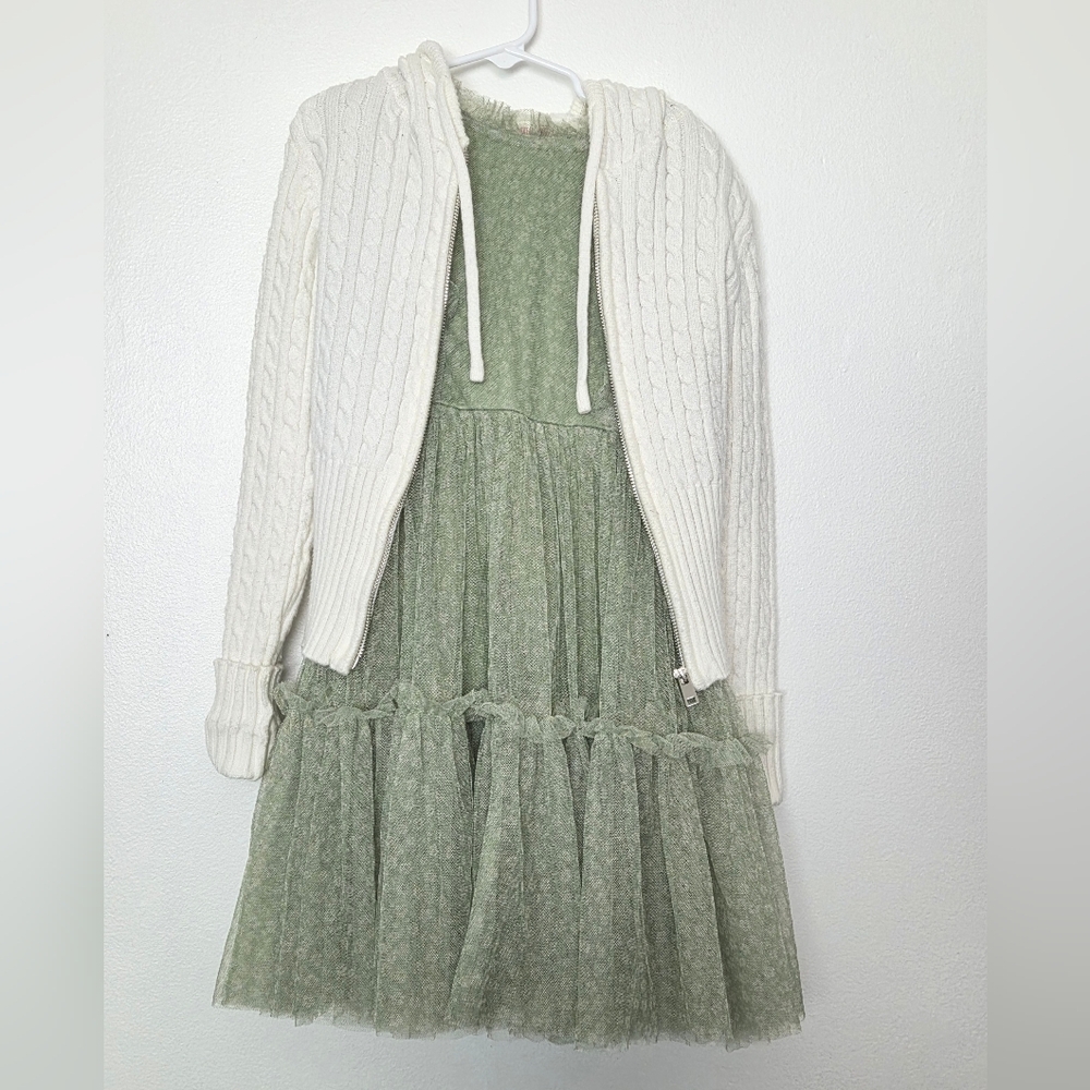Charming Green Girls Dress with White Cardigan Sz 10